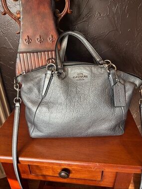 Coach Metallic Silver Pebbled Leather Avery Satchel